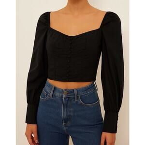 Nasty Gal Coquette Puff Sleeve Square Neck Crop Blouse Size 8 Black Minimalist